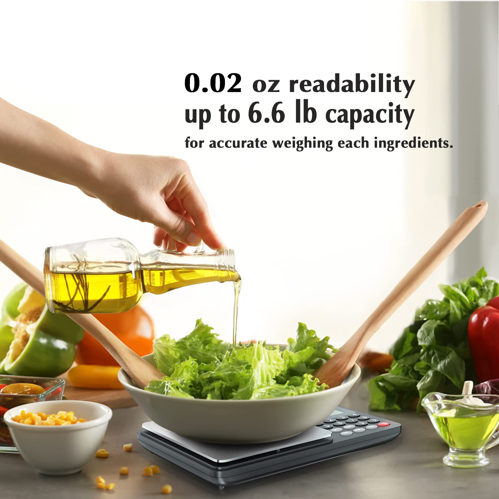 Precise 6.6 lb capacity with 0.02 oz readability for portions.