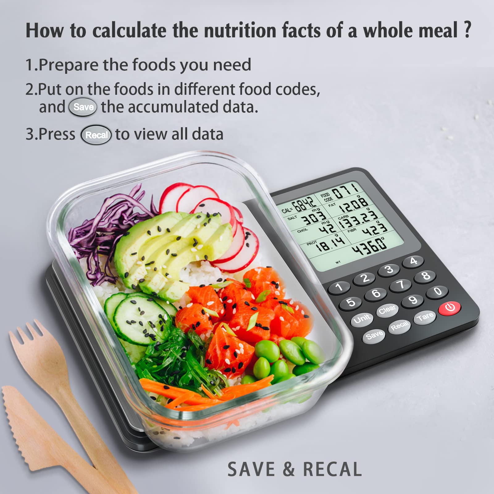 Tare function allows subtracting bowl weight for accurate food totals.