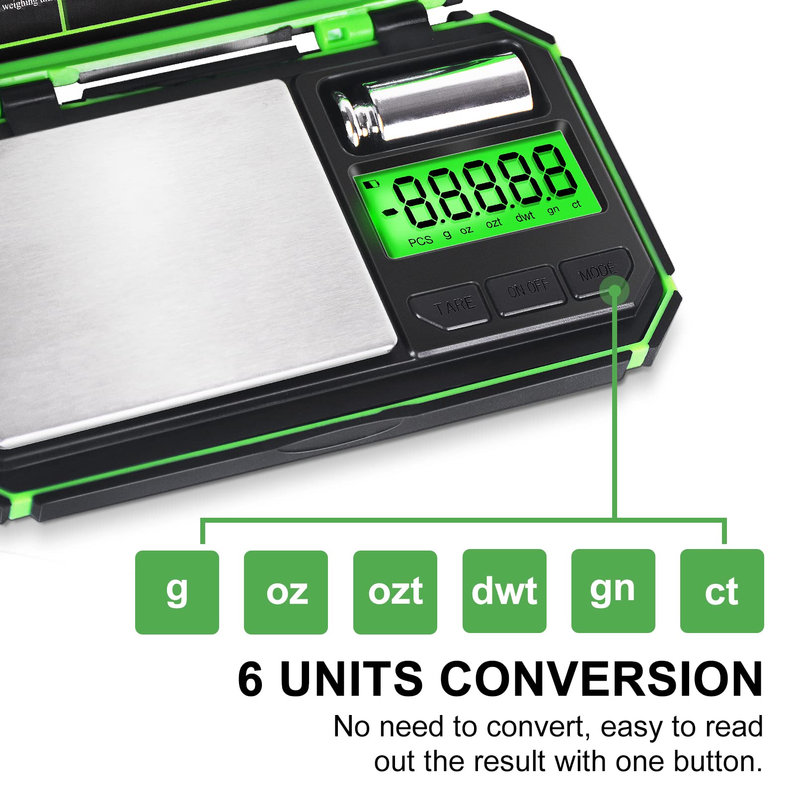 Fuzion TU-X digital display shows 0.01 g precision for small items.