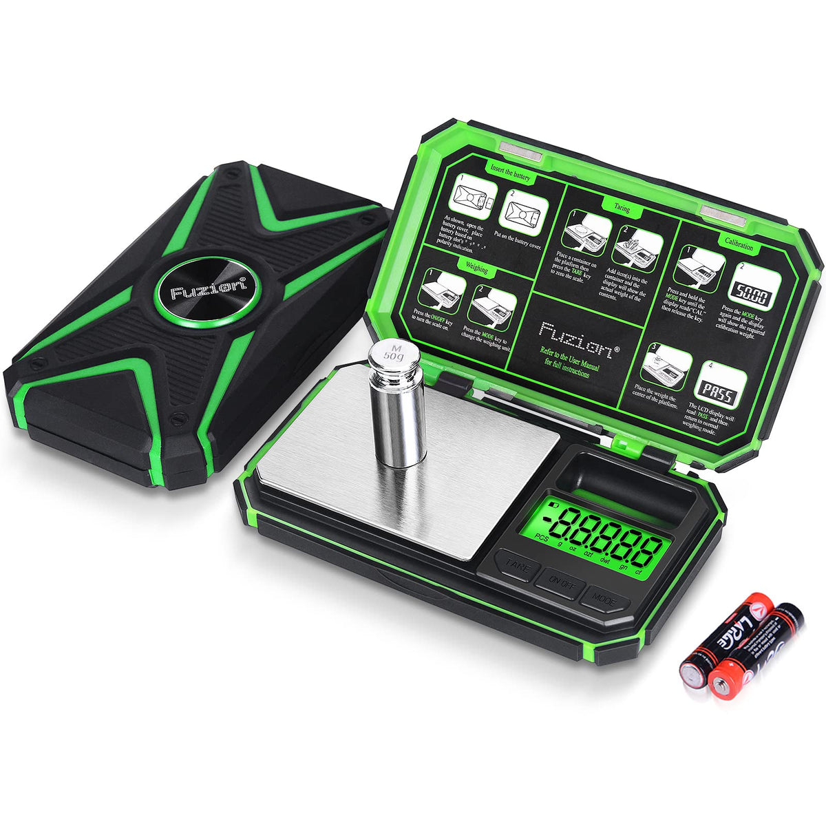 Fuzion TU-X pocket scale with lid for precise 0.01 g measurements.