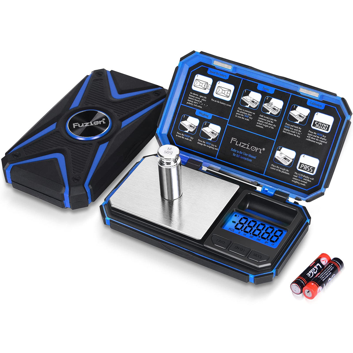 Fuzion TU-X pocket scale with X-star lid for precise 0.01 g readings on jewelry and powders.