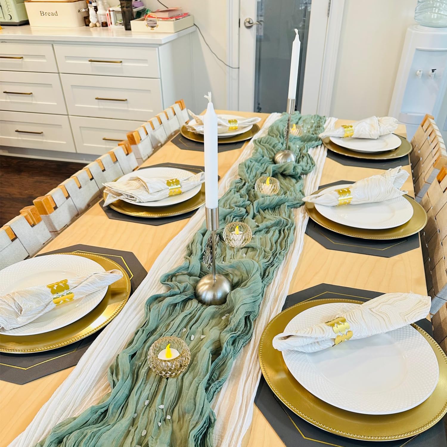 FWXDBWYL sage green cheesecloth runner on wedding desk decor setting