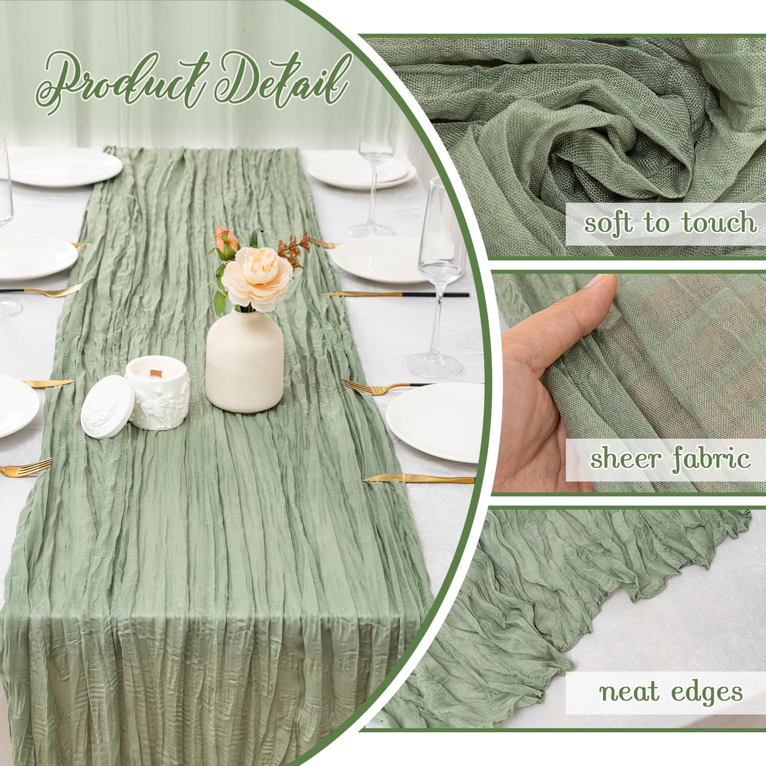 FWXDBWYL sage green cheesecloth runner, wrinkle free drape for quick styling