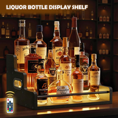 Fxacyem LED-lit bottle display rack with remote for ambient home bar lighting.