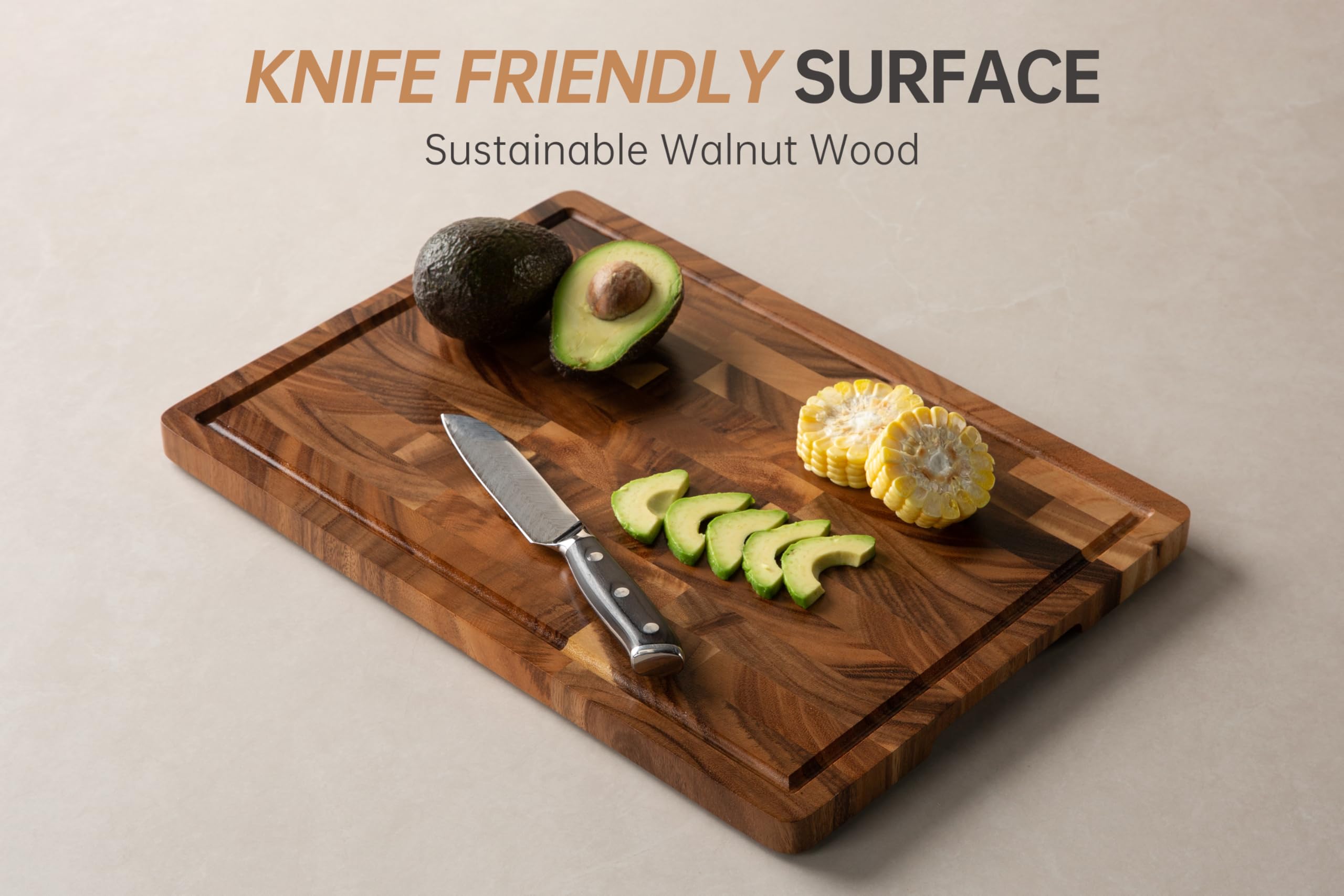 Fyctio cutting board showing deep juice groove to keep surfaces clean.