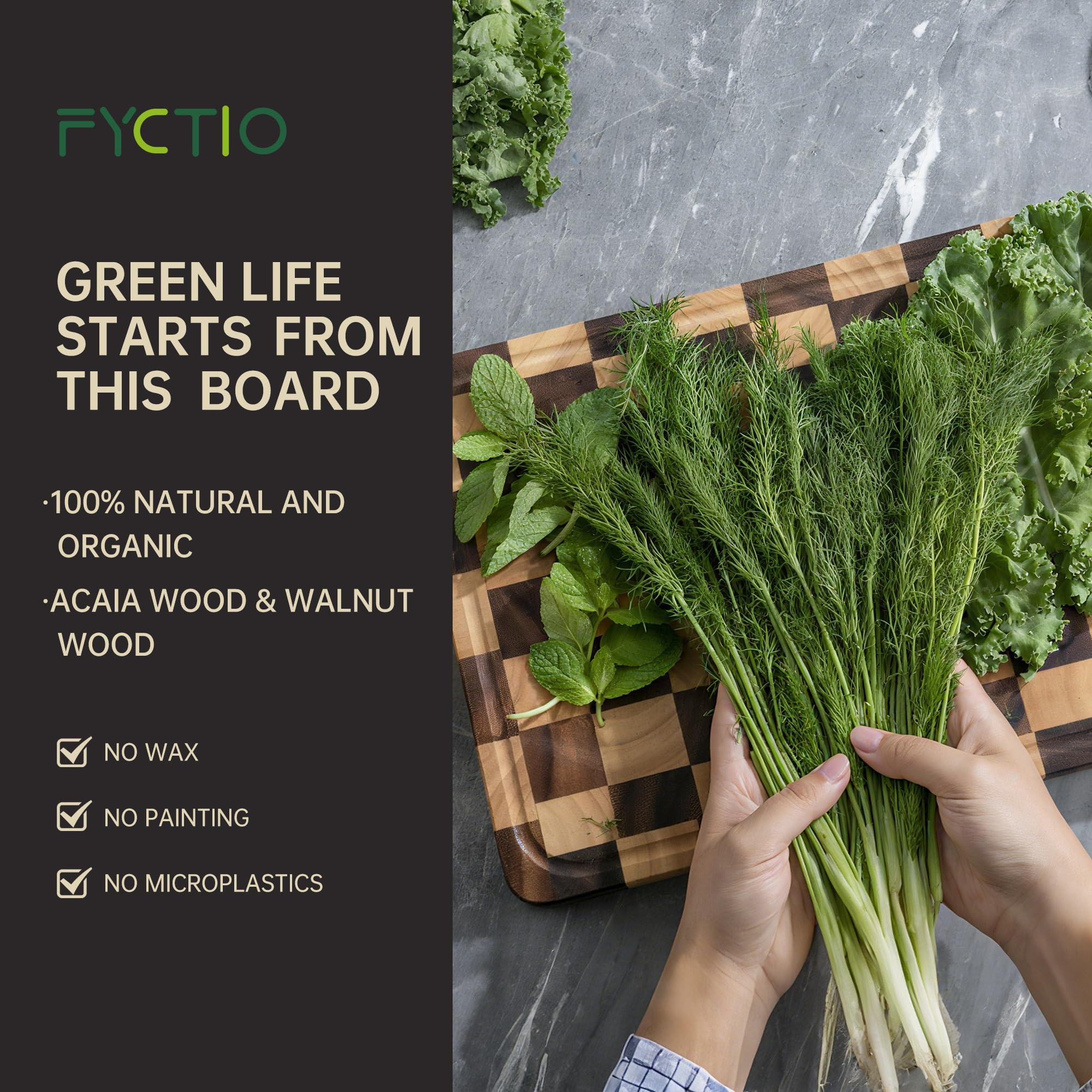 Fyctio cutting board juice groove keeps juices contained during chopping.