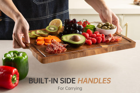 Fyctio walnut board used as a chic serving platter for cheese and fruit.