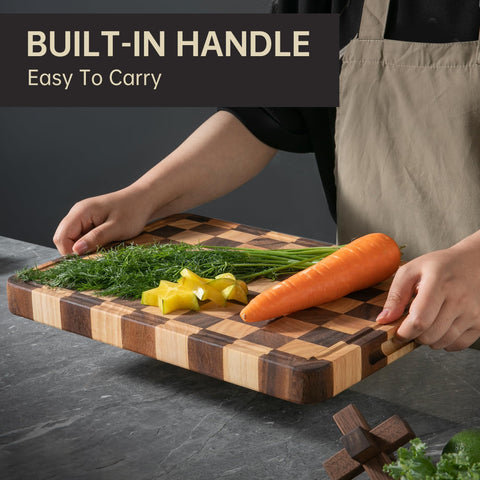 Fyctio cutting board wood grain closeup with durable acacia and walnut accents.