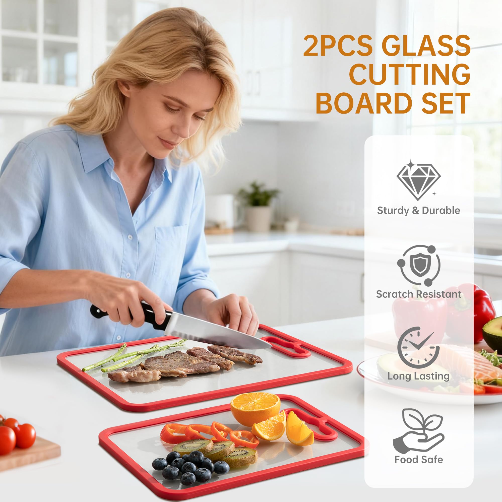 Fyctio red glass cutting board 15x11 with non-slip silicone ring for stable prep