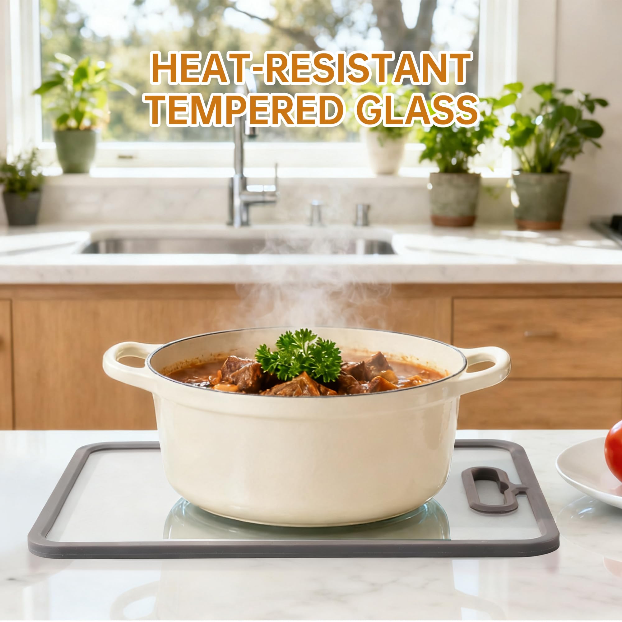 Fyctio tempered glass with non-slip edge keeps prep steady.