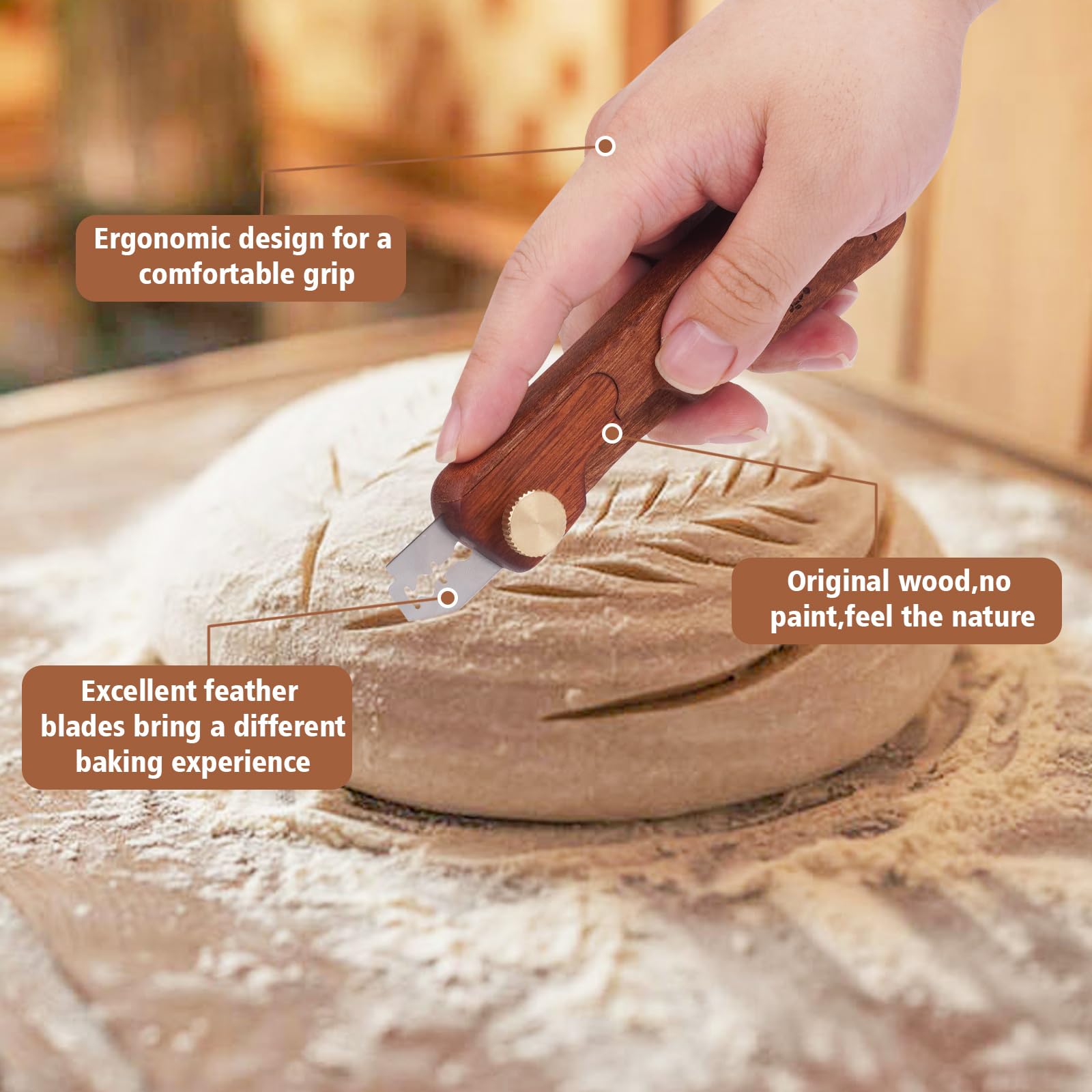 FYLFOTA ergonomic sapele wood handle on the bread bow enhances grip during use.