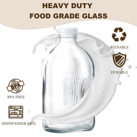 FyndraX glass milk jug half-gallon airtight cap keeps beverages fresh after opening.