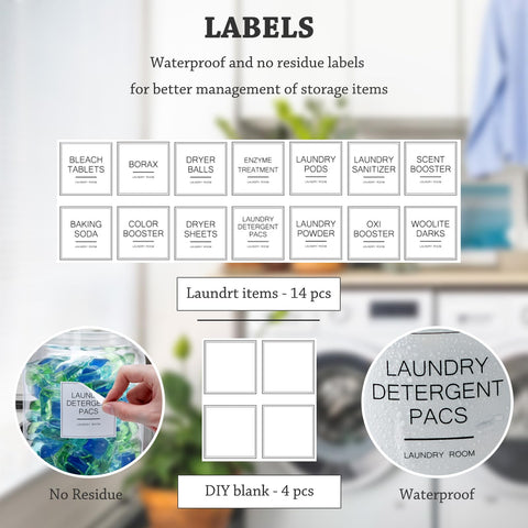FyndraX labeled jars with scoops help quick laundry prep.