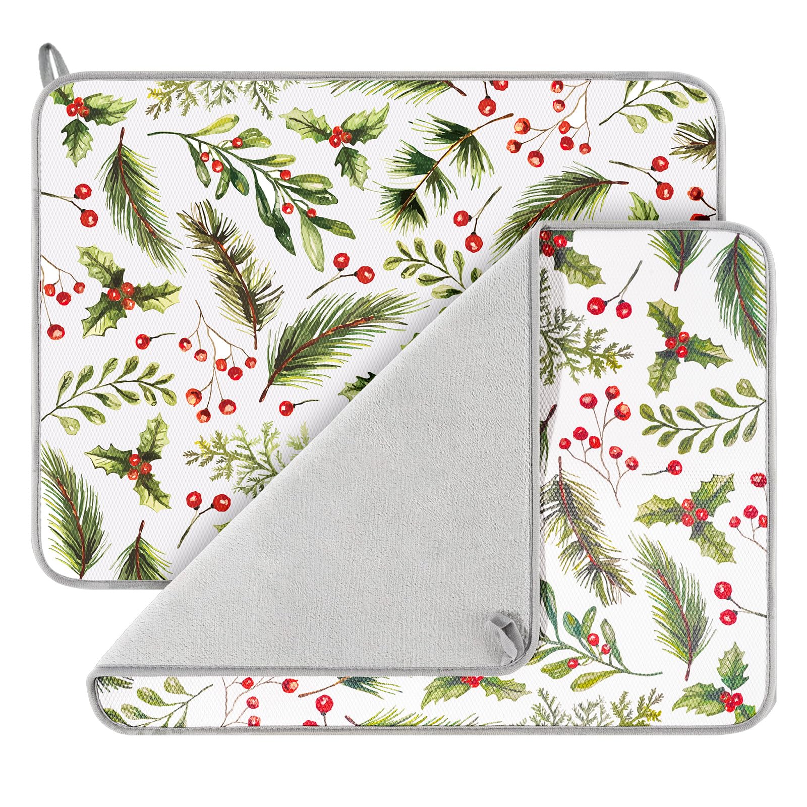 FYSUIMU Christmas dish drying mat with holly berries protects countertops after washing dishes.