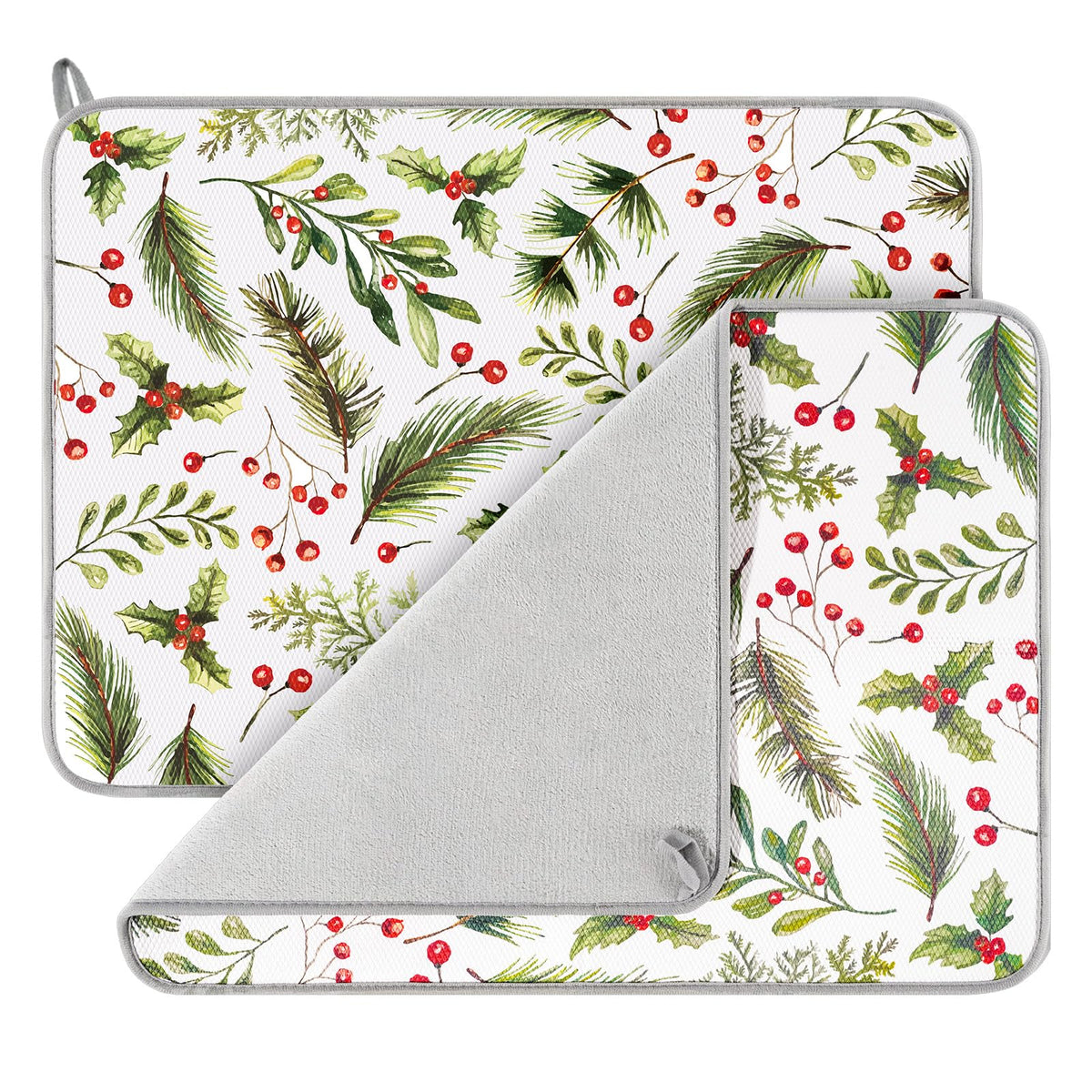 FYSUIMU Christmas dish drying mat with holly berries protects countertops after washing dishes.