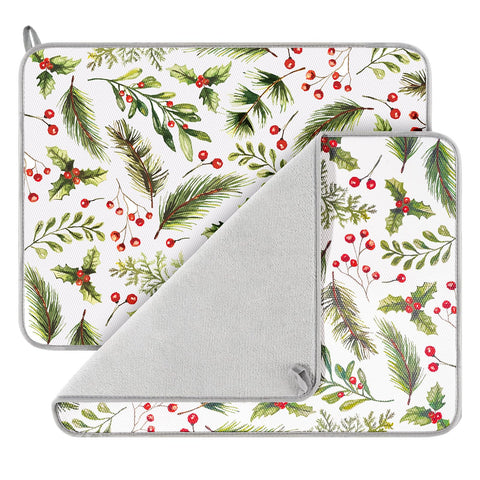 FYSUIMU Christmas dish drying mat with holly berries protects countertops after washing dishes.
