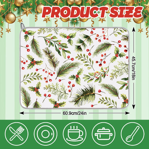 FYSUIMU Christmas dish drying mat with mistletoe design soaks up water quickly.