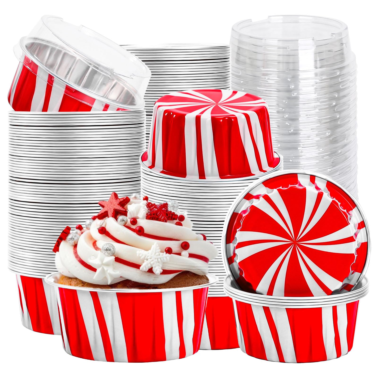 FYSUIMU Christmas foil cupcake liners with lids in red and white pattern for holiday treats