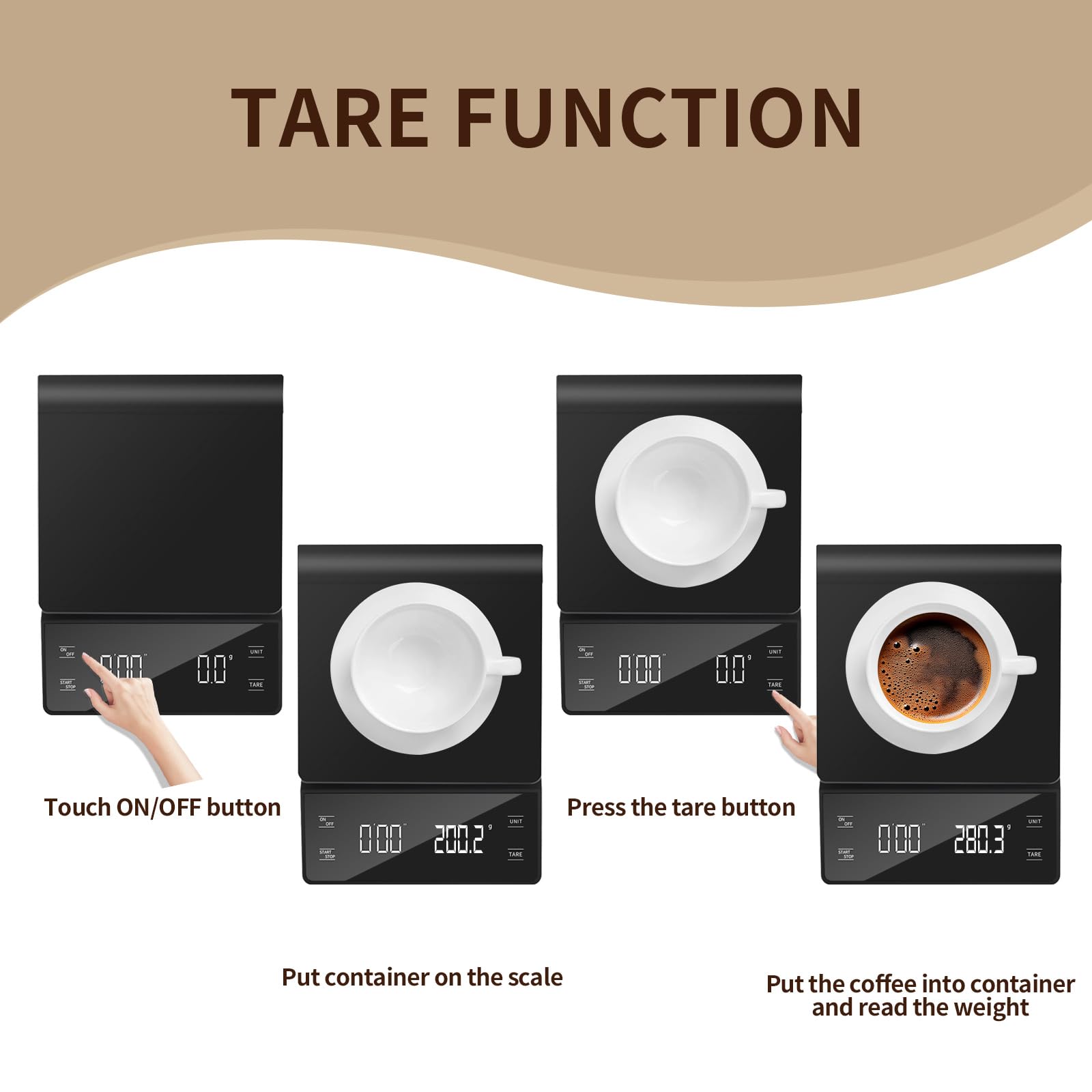 Fyueenix scale features a count-up timer to track brew duration.