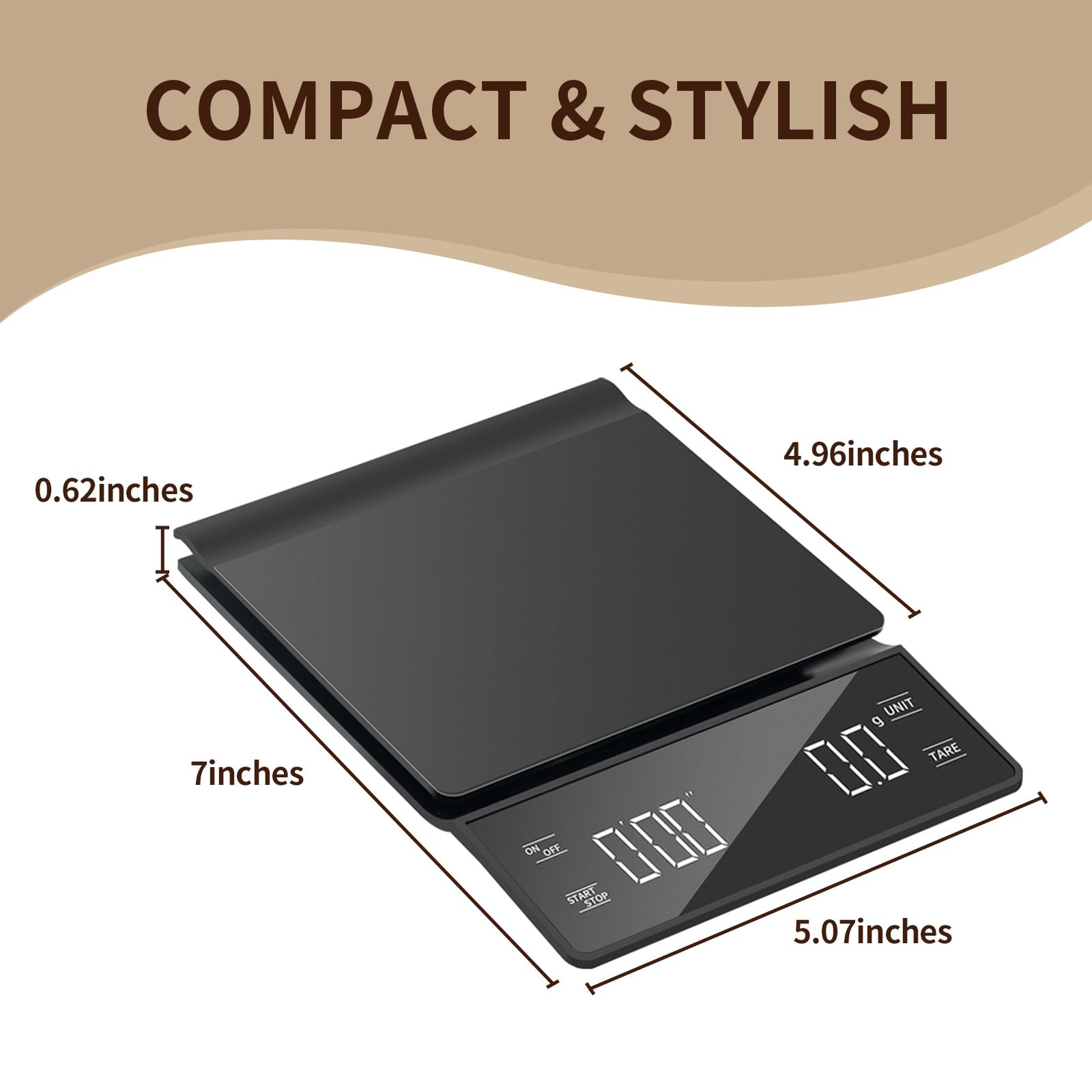 Fyueenix precision scale delivers 0.1 g resolution for espresso adjustments.