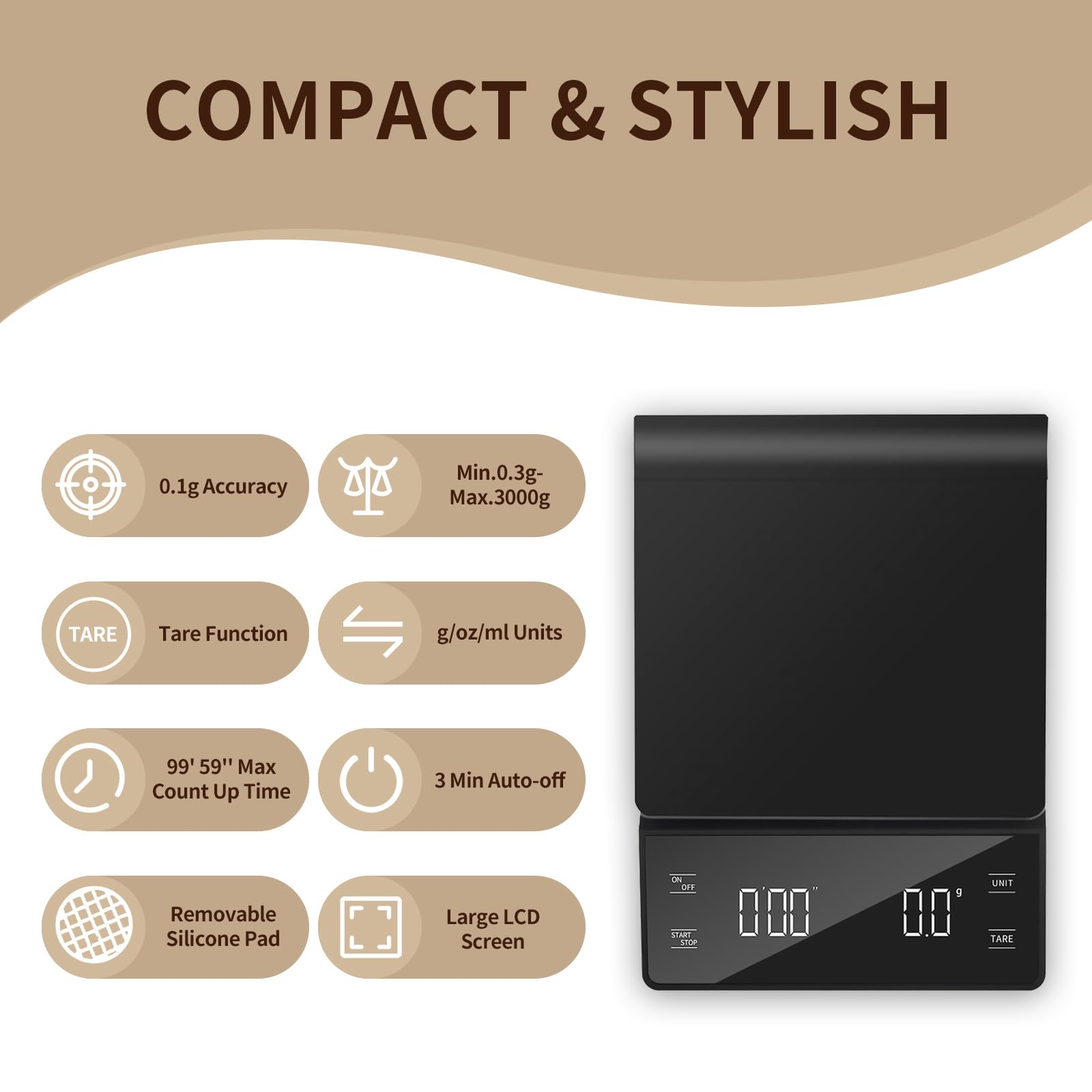 Fyueenix coffee scale tare function simplifies weighing by removing container weight.