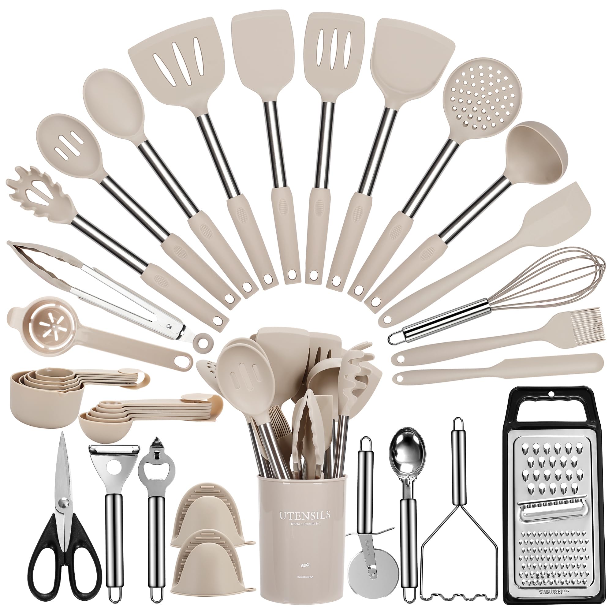 Fyvva large cooking utensils set with holder keeps tools organized for quick access.