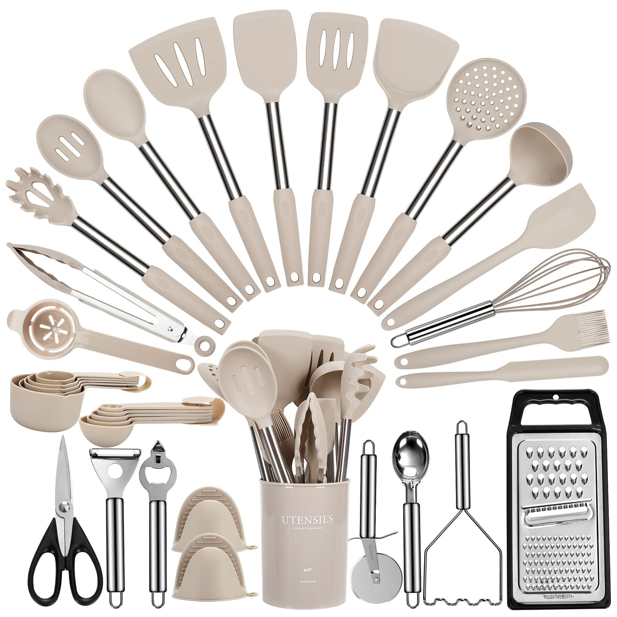 Fyvva large cooking utensils set with holder keeps tools organized for quick access.