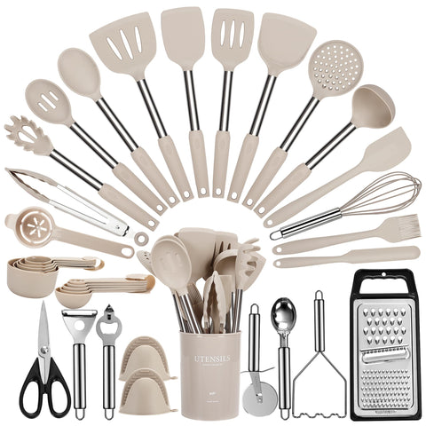Fyvva large cooking utensils set with holder keeps tools organized for quick access.