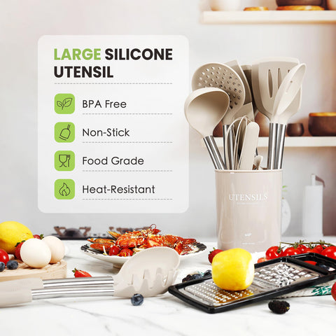 Fyvva silicone utensil head close-up highlights flexible, heat-resistant heads for safe cooking.