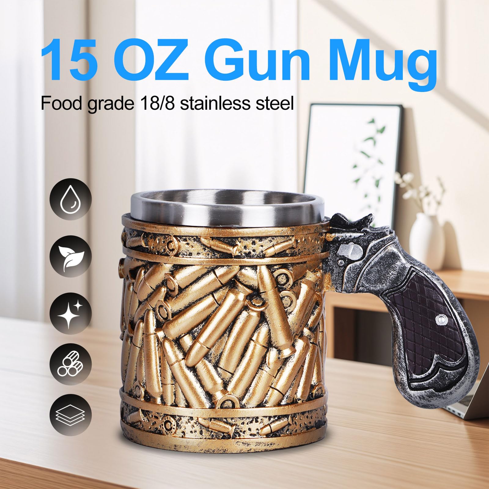 FYXMI Gun Mug with large handle for a comfortable grip during long drinks.