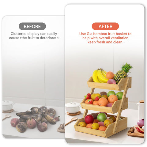 G.a HOMEFAVOR bamboo organizer shelf holds many fruits and vegetables.