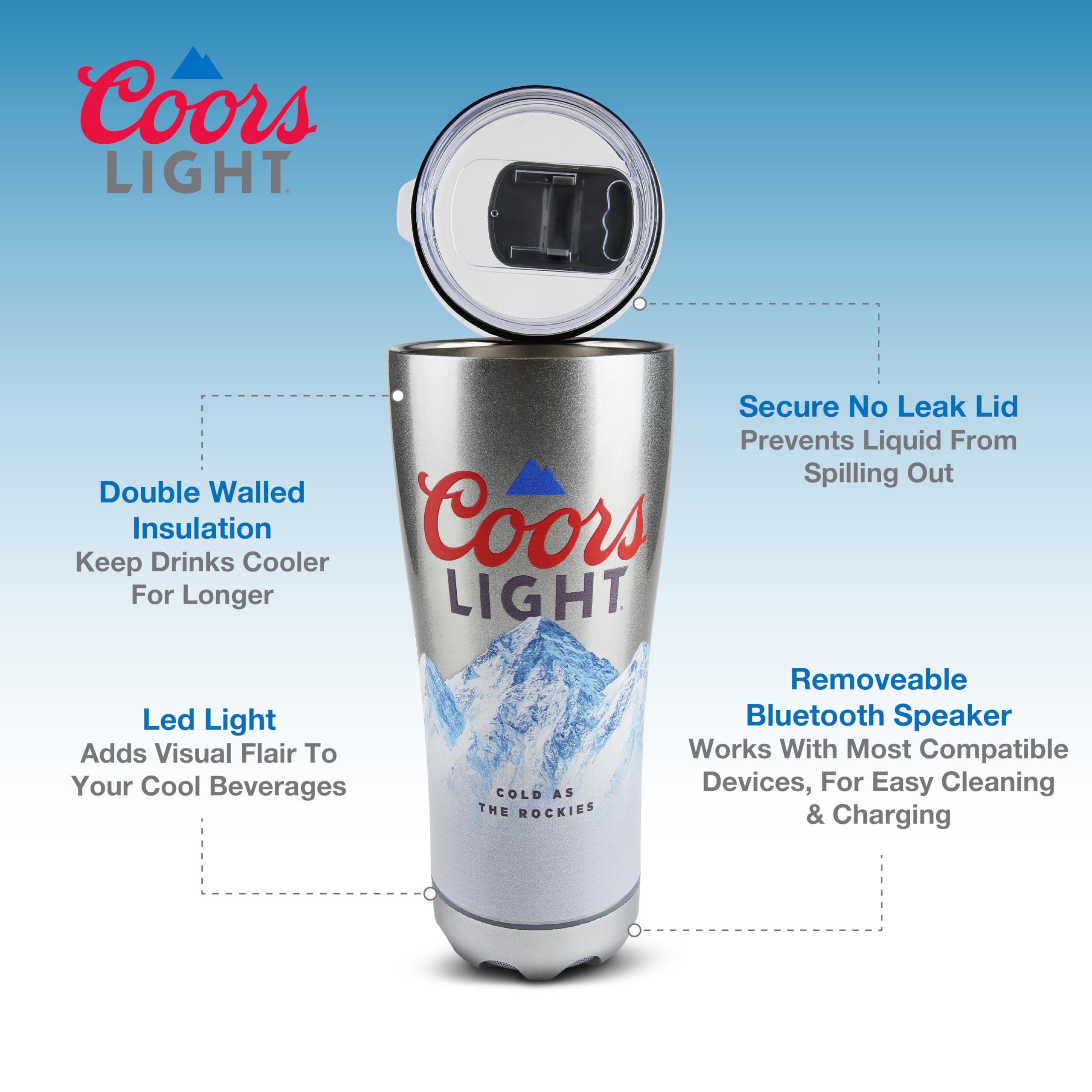 Gabba Goods Coors Light tumbler features a secure lid for on-the-go use.