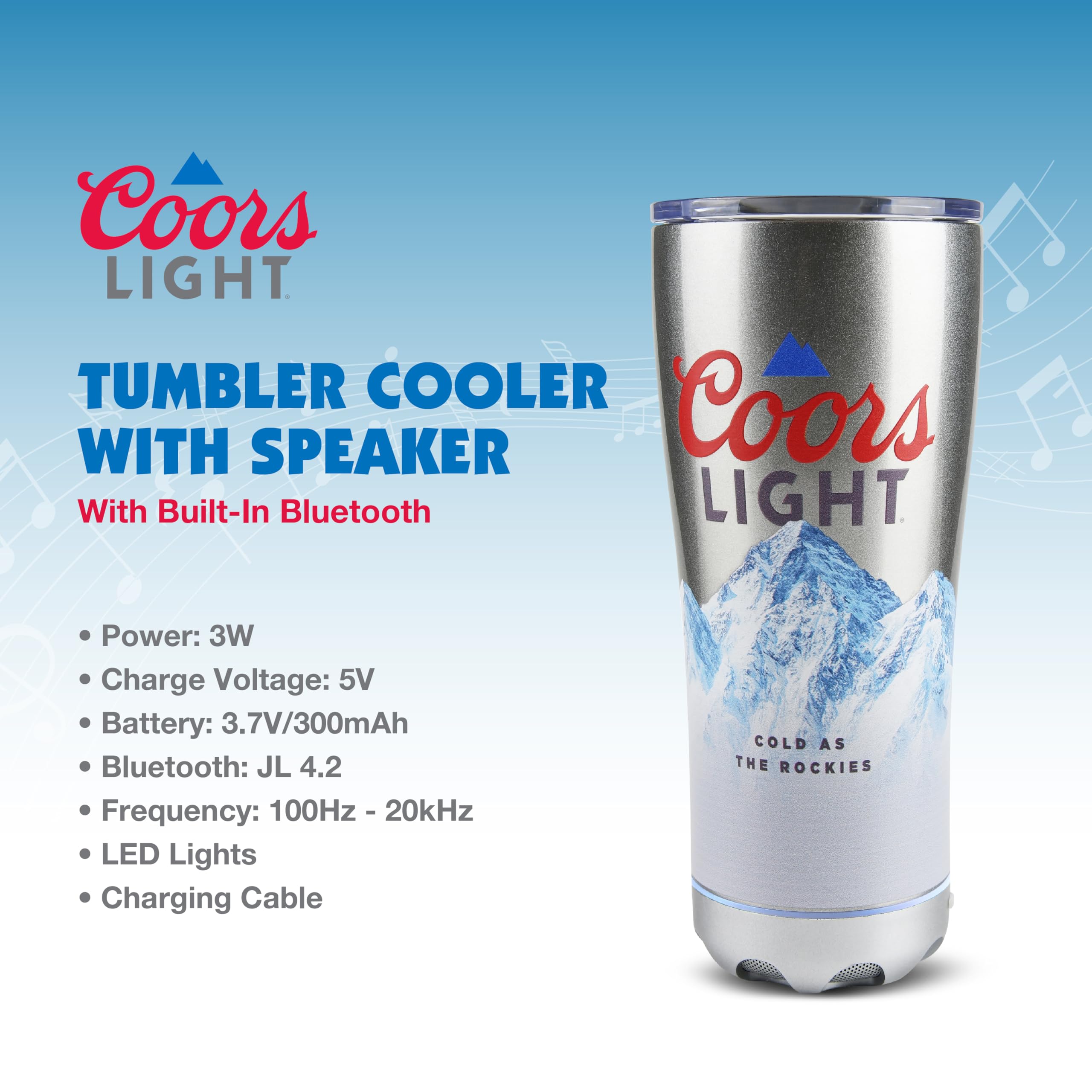 Gabba Goods Coors Light tumbler with removable speaker for portable music.