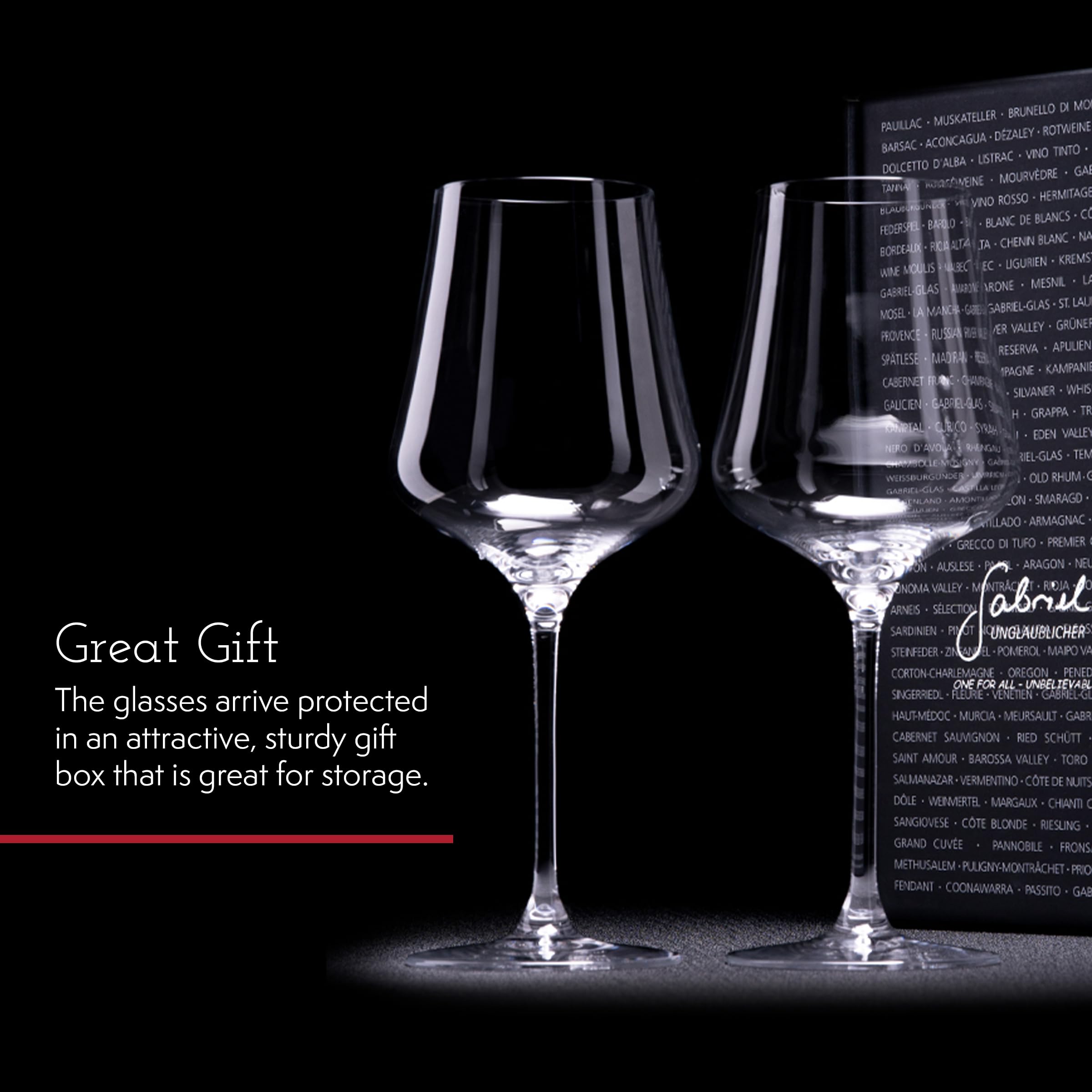 Gabriel-Glas 16 oz capacity suits red, white, and sparkling wine.