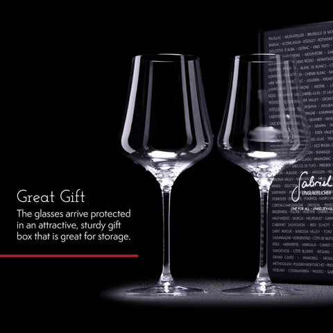 Gabriel-Glas 16 oz capacity suits red, white, and sparkling wine.