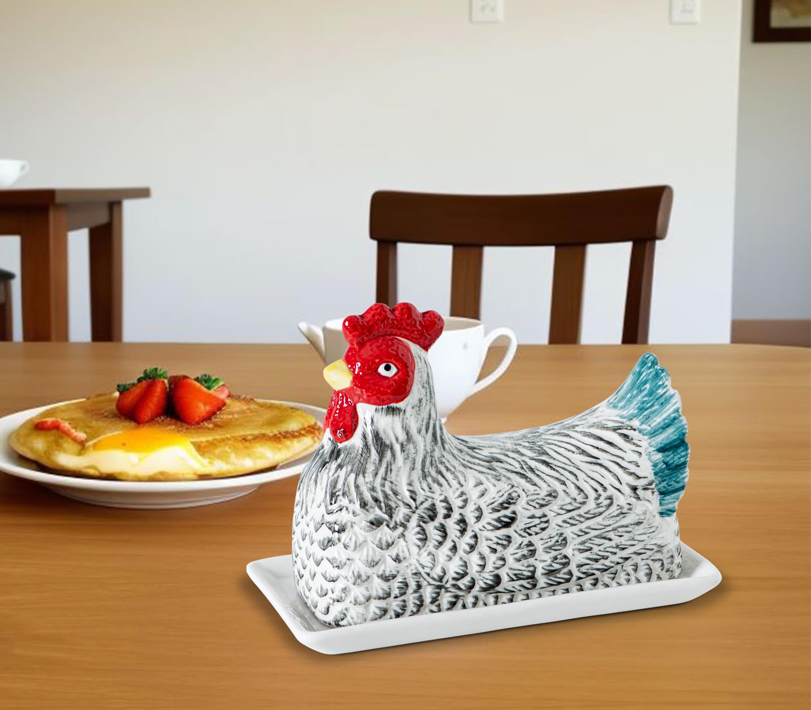 GABROC colorful chicken lid butter dish brightens kitchen countertop.