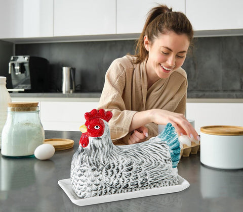 GABROC hen-shaped butter dish on countertop adds color and charm.