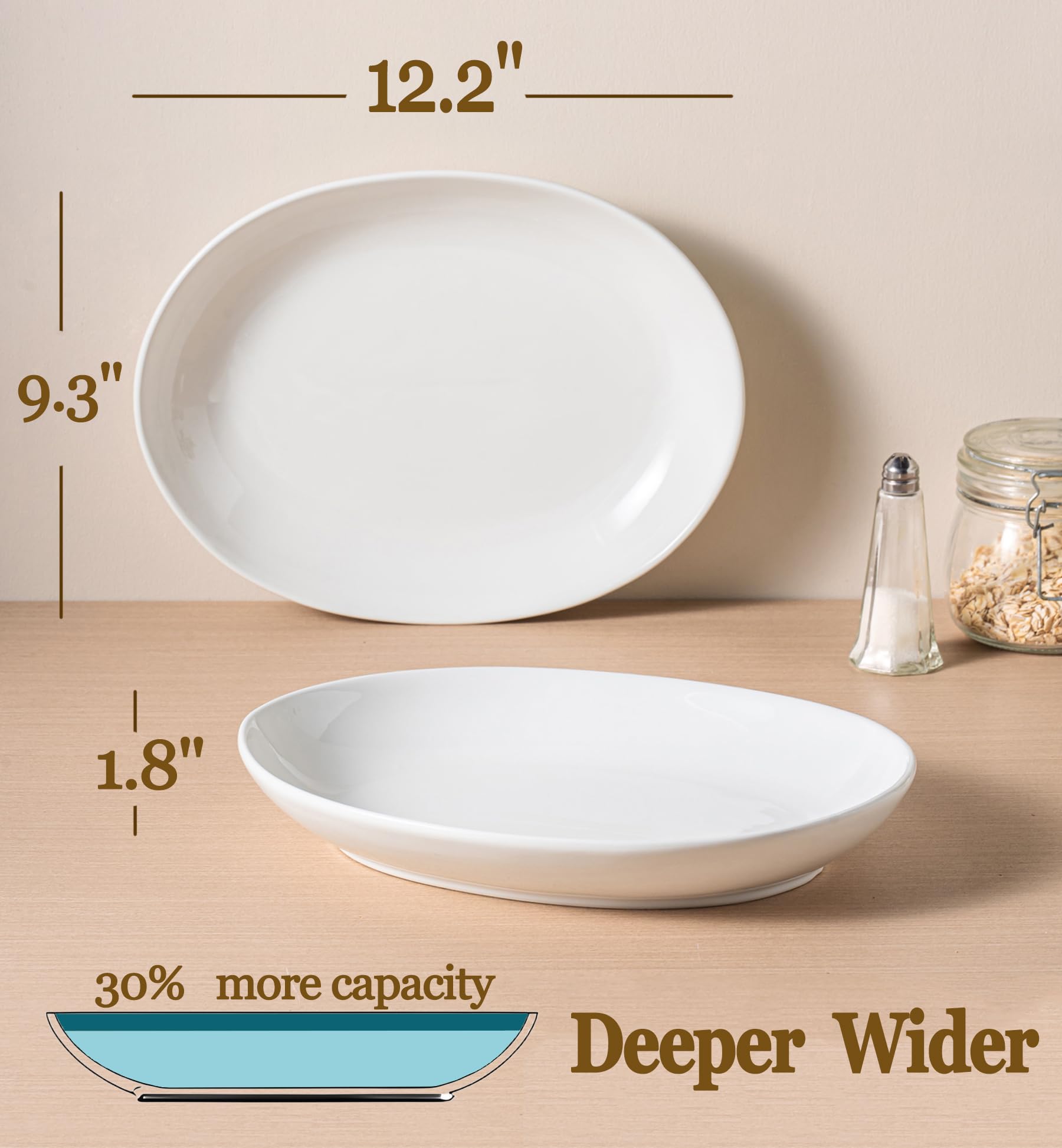 Gacoree deep-rim oval platter close-up showing spill-resistant edge for saucy dishes.