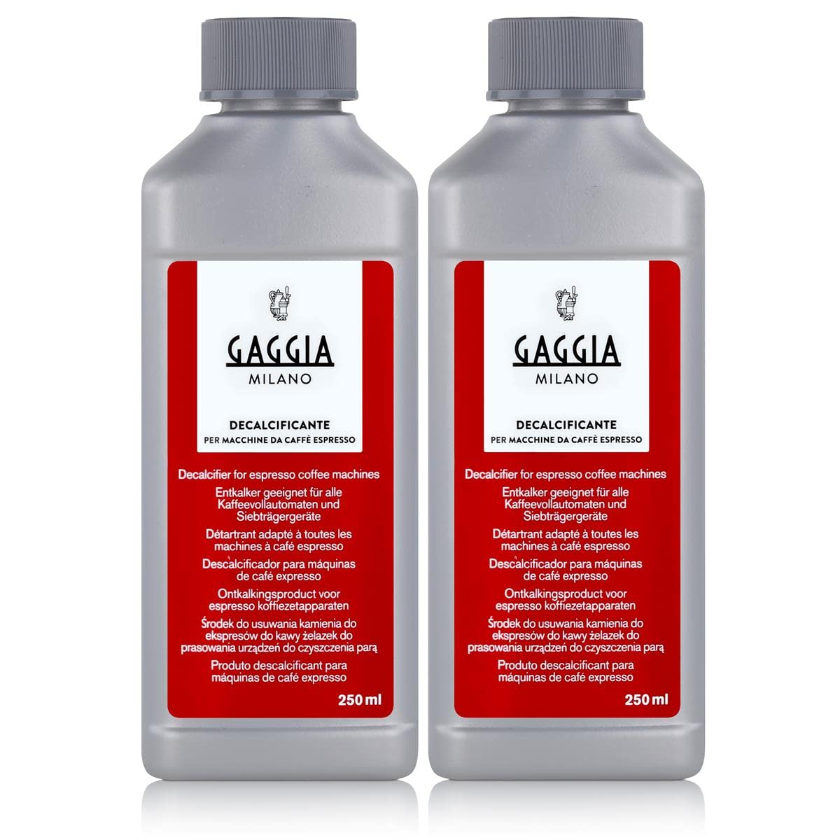Gaggia decalcifier two-bottles pack keeps espresso equipment in peak condition.