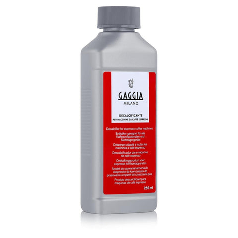 Gaggia decalcifier bottle pour shows easy descaling for routine maintenance.