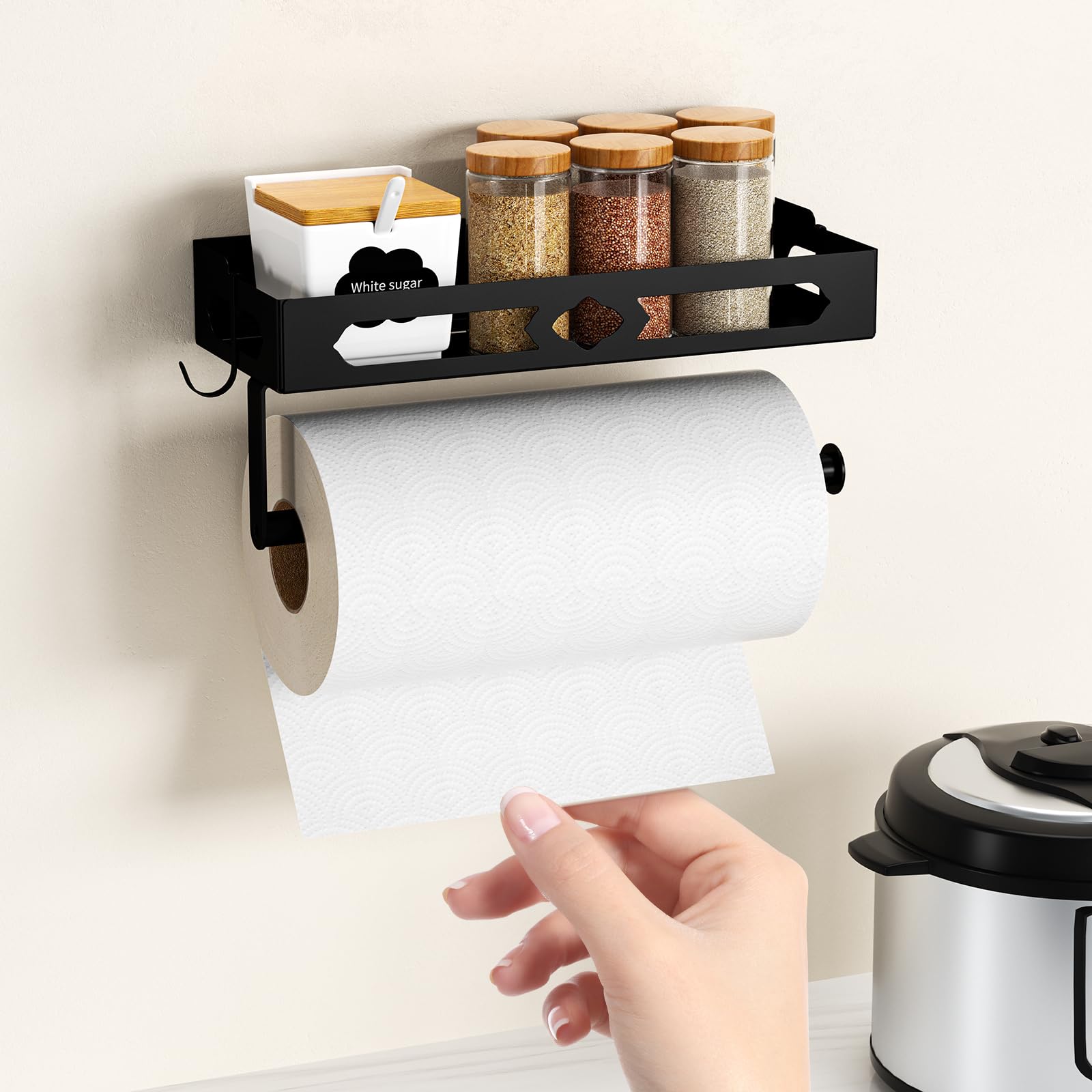 GAGUIUP black paper towel holder showing adhesive and screw installation options