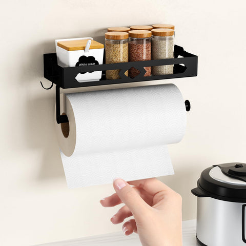 GAGUIUP black paper towel holder showing adhesive and screw installation options
