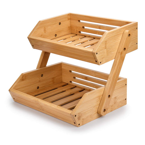 G.a HOMEFAVOR two-tier bamboo fruit basket on counter with organized fruit