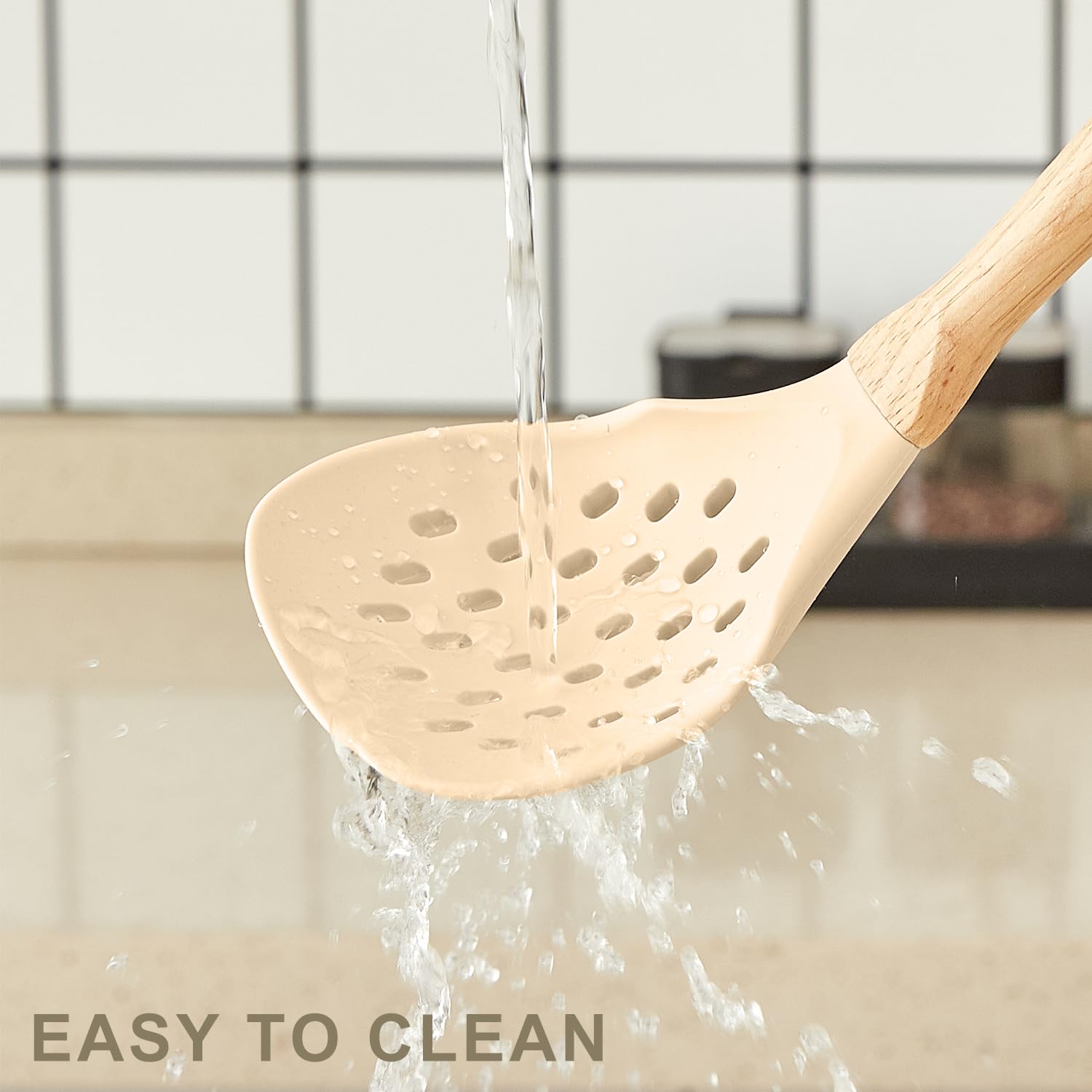 Gaixvny khaki wooden-handle whisk blends ingredients evenly