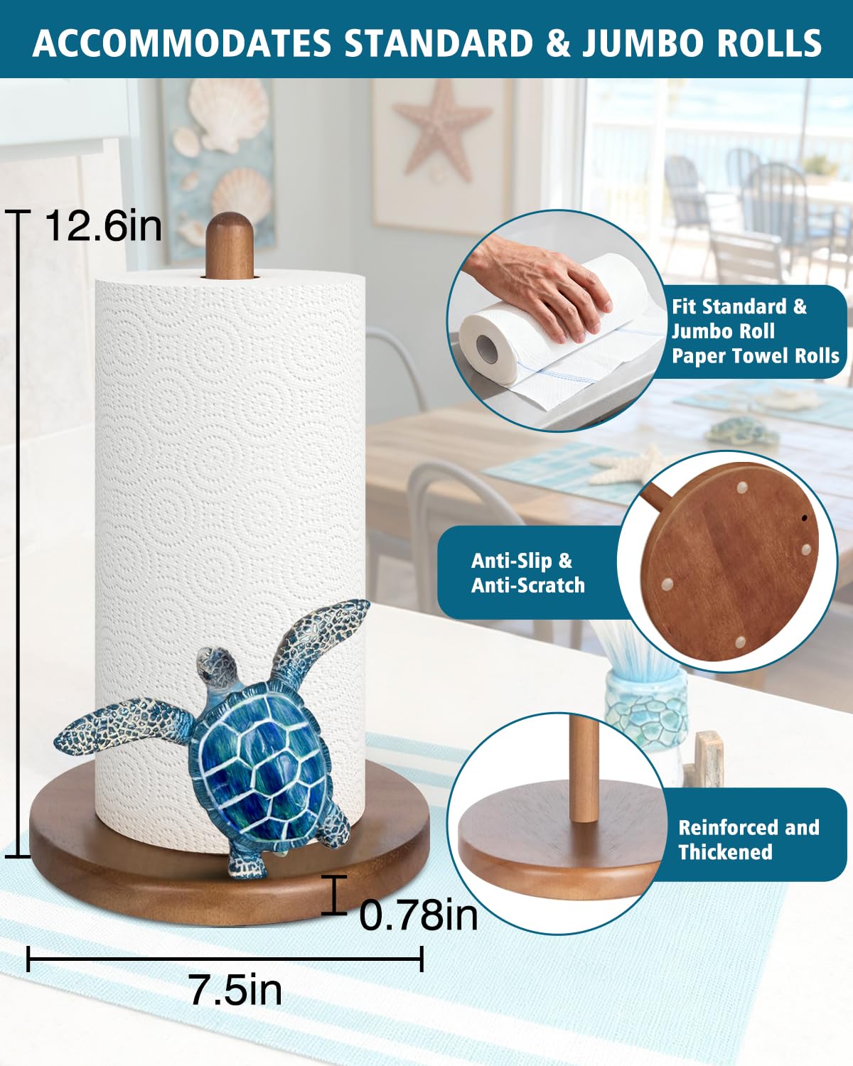 GAJ blue turtle paper towel holder with roll ensures easy replacement