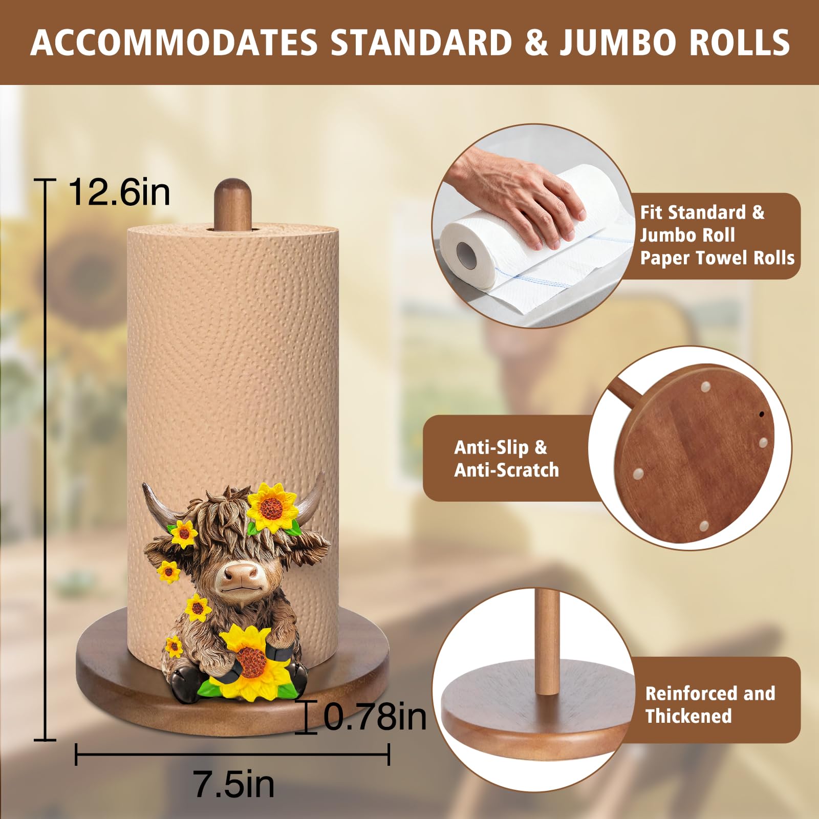 GAJ Highland Cow Paper Towel Holder fits standard and jumbo rolls for versatile use.