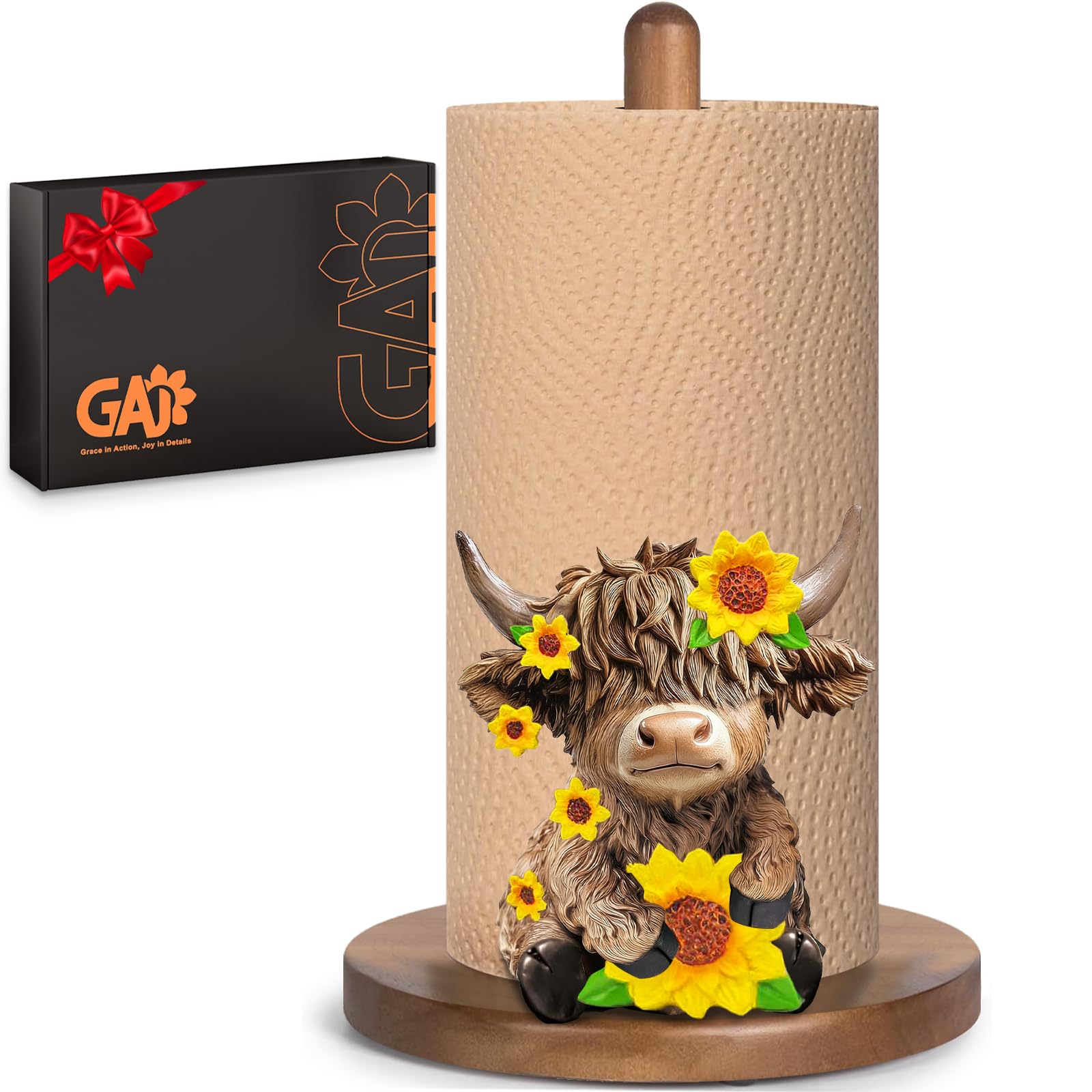 GAJ Highland Cow Paper Towel Holder front view enhances rustic kitchen decor.