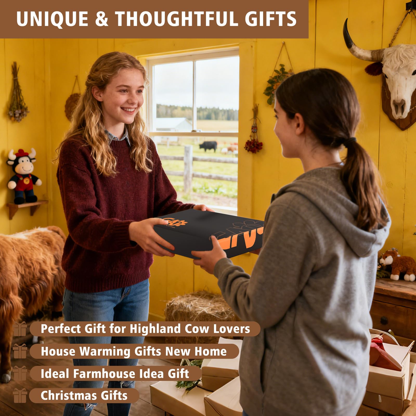 GAJ Highland Cow Paper Towel Holder in a cozy kitchen scene boosts farmhouse charm.