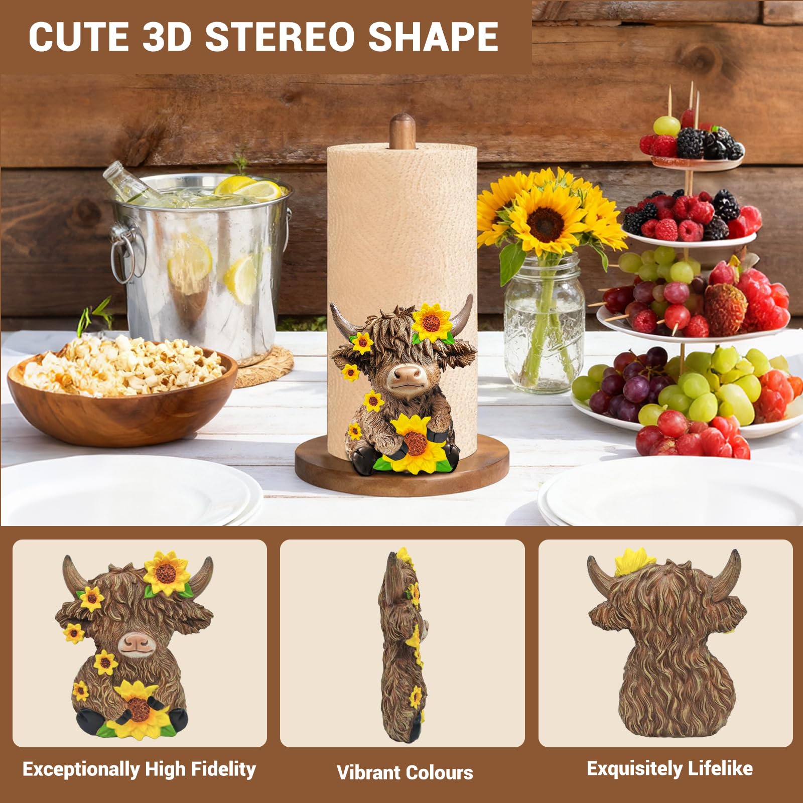GAJ Highland Cow Paper Towel Holder wooden base highlights natural material in farmhouse style.