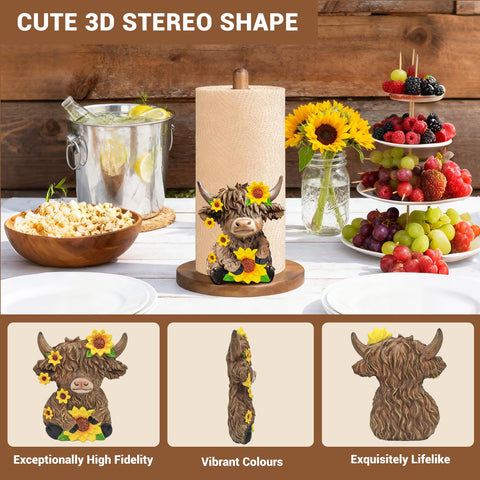 GAJ Highland Cow Paper Towel Holder wooden base highlights natural material in farmhouse style.